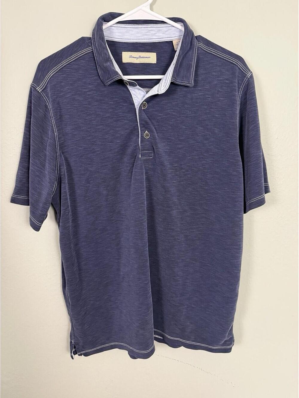 Tommy Bahama Blue Slub Knit Polo Shirt Men’s Large Contrast Stitch